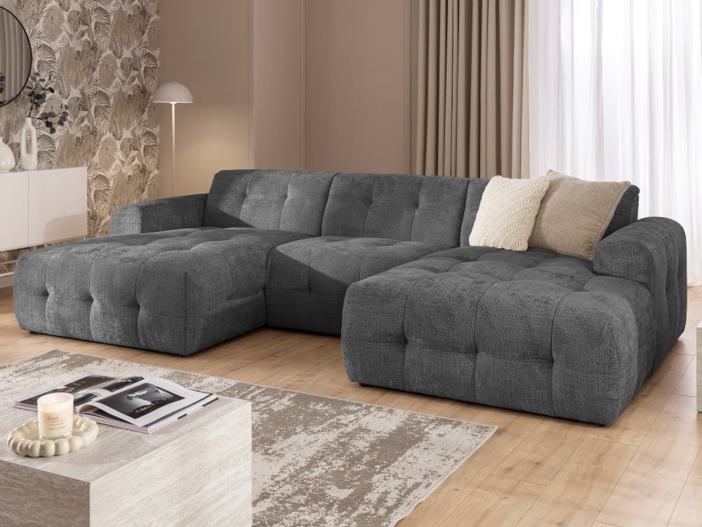 Wohnlandschaft im Bumpy-Design mit fester Rückenlehne aus Chenille 161x79x323cm Holz Grau S-Style Sofas und Sessel Sofas Wohnlandschaften