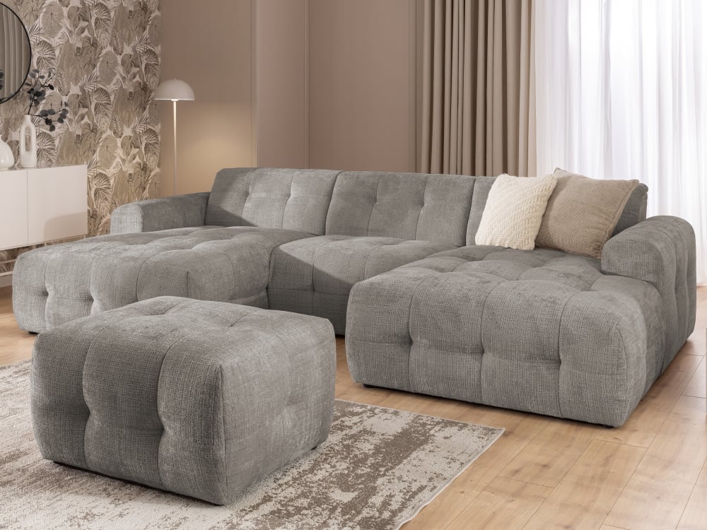 Wohnlandschaft und Hocker im Bumpy-Design mit Schlaffunktion 161x79x323cm Holz Taupe S-Style Sofas und Sessel Sofas Wohnlandschaften