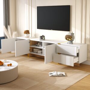 wohnli-moebel-suche-M26034003-1 TV-Schrank mit 3 Türen 2 Schubladen 190 cm Weiß/Gold 190x45x35cm Spanplatte Weiß MODFU Möbel Wohnzimmermöbel TV-Möbel