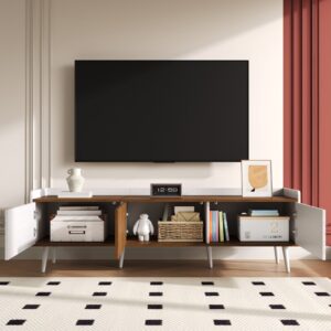 wohnli-moebel-suche-M26034006-1 TV-Schrank mit 3 Türen und Holzbeinen 160 cm Natur+Weiß 160x50x39cm Spanplatte Weiß MODFU Möbel Wohnzimmermöbel TV-Möbel