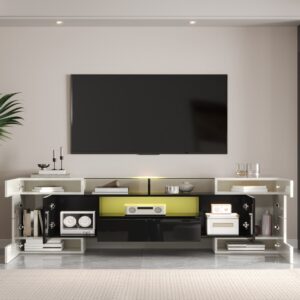 wohnli-moebel-suche-M26034026-1 TV-Schrank LED 6 Türen 2 Schubladen Spanplatte 200 cm weiß/schwarz 200x60x35cm Spanplatte Weiß MODFU Möbel Wohnzimmermöbel TV-Möbel