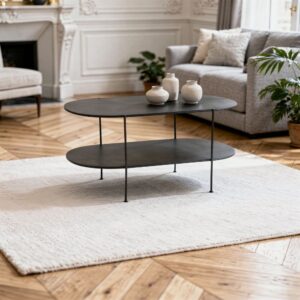 wohnli-moebel-suche-M26034246-1 Ovaler Couchtisch aus schwarzem Metall mit zwei Ablagen 100x50x50cm Metall Schwarz Decoclico Möbel Wohnzimmermöbel Couchtische