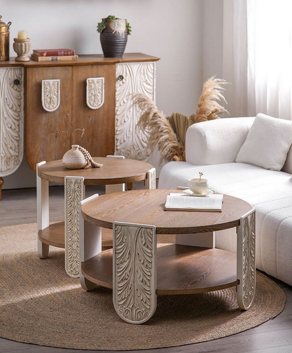 Eleganter runder Couchtisch aus Holz im Art-Deco-Stil D81 0x45x0cm Holz Beige Mathi Design Möbel Wohnzimmermöbel Couchtische
