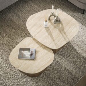 Kieselstein Couchtisch-Set mit Keramikplatte 85x40x79cm Keramik Beige Mathi Design Möbel Wohnzimmermöbel Couchtische