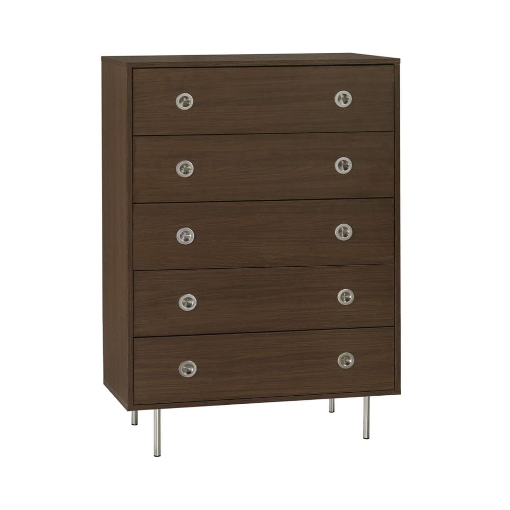 wohnli-moebel-suche-M26036823 Wohnli Möbelsuche - Vintage Kommode Holzdekor und Stahl 5 Schubladen nussbaumfarben