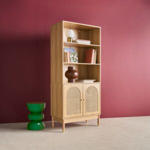 wohnli-moebel-suche-M26036851-1 Regal Holzdekor und Rattan 2 Türen naturfarben 80x178x40cm Holz Braun sweeek Möbel Wohnzimmermöbel Bücherregale