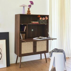 wohnli-moebel-suche-M26036917-1 Schreibtisch Sekretär mit Rattan-Geflecht 90cm nussbaum 90x138x38cm Spanplatte Braun sweeek Möbel Büromöbel Schreibtische