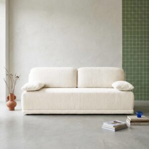 wohnli-moebel-suche-M26036918-1 3-Sitzer-Schlafsofa mit Bouclé-Bezug und Stauraum antikweiß 192x81x100cm Holz Weiß sweeek Sofas und Sessel Sofas Sitzbank und Polsterbank