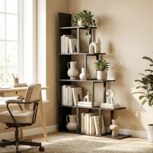 wohnli-moebel-suche-M26039283-1 Bibliothèque échelle 5 niveaux meuble de rangement bois noir 102x160x30cm Spanplatte Schwarz Homcom Möbel Wohnzimmermöbel Bücherregale