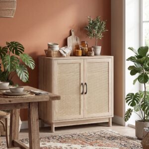 Buffet 2 portes en rotin étagère réglable panneau de particules chêne 76x76x35cm Spanplatte Beige Homcom Möbel Esszimmermöbel Sideboards, Highboards & niedrige Anrichten