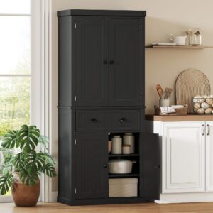 wohnli-moebel-suche-M26039330-1 Armoire de cuisine 4 portes tiroir étagères réglables bois noir 76x183x40cm Spanplatte Schwarz Homcom Möbel Schlafzimmermöbel Schränke