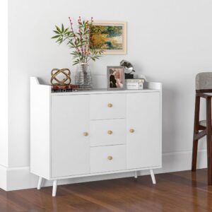 wohnli-moebel-suche-M26039341-1 Weißer 2-Türen-3-Schubladen-Kieferpartikelbuffet 90x80x32cm Holz Weiß Homcom Möbel Esszimmermöbel Sideboards, Highboards & niedrige Anrichten