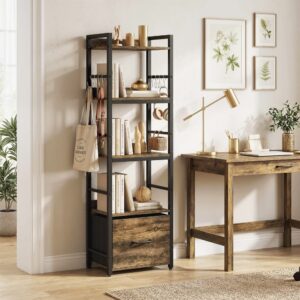 Bibliothèque 4 niveaux avec tiroir crochets métal brun rustique 39x137x26cm Spanplatte Braun Homcom Möbel Wohnzimmermöbel Bücherregale