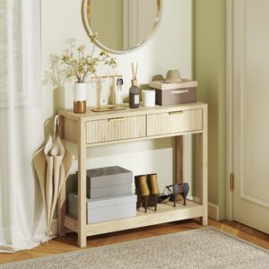 wohnli-moebel-suche-M26039520-1 Console meuble 2 tiroirs rainurés et étagère bois naturel 90x76x30cm Spanplatte Beige Homcom Möbel Wohnzimmermöbel Konsolentische
