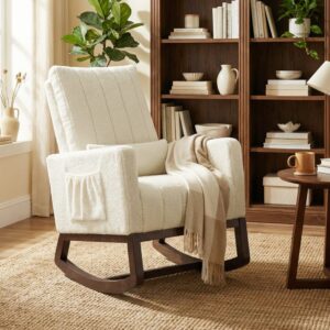 Fauteuil à bascule dossier haut coussin lombaire flanelle neige crème 97x110x67cm PES - Polyester Weiß Homcom Sofas und Sessel Sessel, Poufs und Fußbänke Sessel