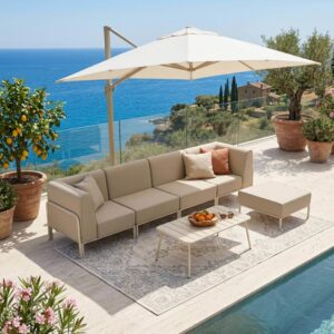 wohnli-moebel-suche-M26040850-1 Modulares niedriges Gartenmöbel mit einfarbiges Muster 5 Plätze Beige 288x78x80cm PES - Polyester Beige Oviala Sofas und Sessel Sessel, Poufs und Fußbänke Sitzsäcke