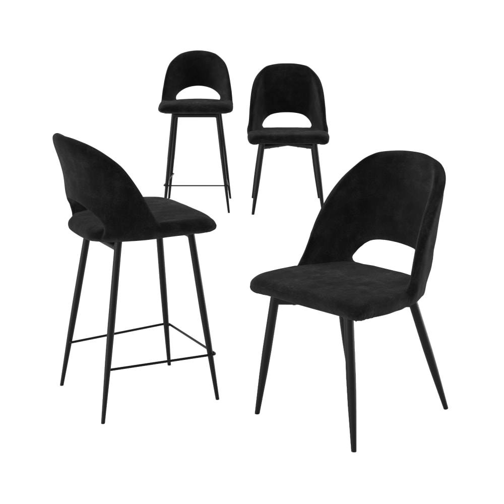 wohnli-moebel-suche-M26040882 Wohnli Möbelsuche - 2 Stühle und 2 Barhocker 65 cm aus schwarzem Samt