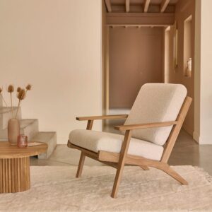 wohnli-moebel-suche-M26040953-1 Sessel aus massivem Teakholz mit Bouclé-Sitzfläche 83x91x90cm Holz Beige BERAH GETAH Sofas und Sessel Sessel, Poufs und Fußbänke Sessel