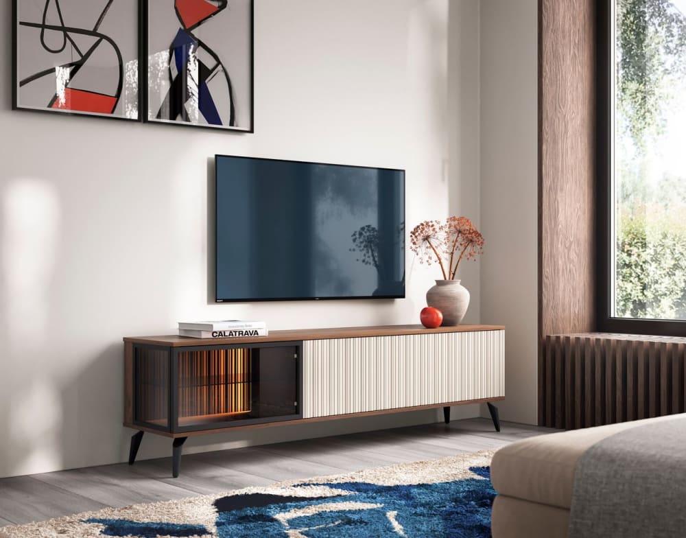 3-türiger TV-Schrank mit LED Kaschmir/Walnuss 180x50 cm 180x50x39cm Holz Beige That's Casa Möbel Wohnzimmermöbel TV-Möbel