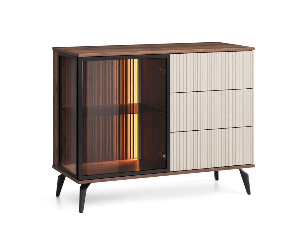 wohnli-moebel-suche-M26042769 Wohnli Möbelsuche - Sideboard 1 Tür 3 Schubladen mit LED Kaschmir/Walnuss 103x80 cm