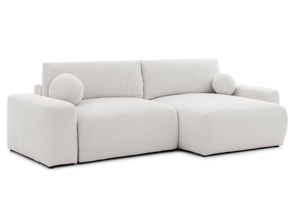 Wohnli Möbelsuche - Weiches und puffiges Ecksofa mit Schlaffunktion aus Creme Webstoff