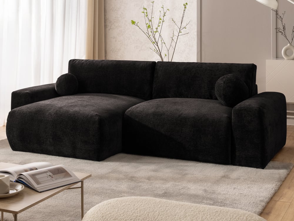 Weiches Ecksofa mit Schlaffunktion aus Stoff mit Chenillestruktur 138x86x266cm Holz Braun S-Style Sofas und Sessel Sofas Ecksofas