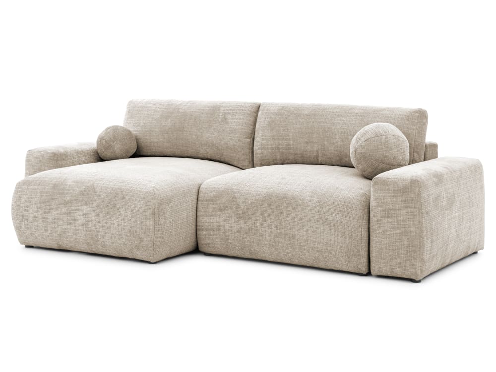 Wohnli Möbelsuche - Weiches & puffiges Ecksofa mit Schlaffunktion aus Dunkelbeige Chenille