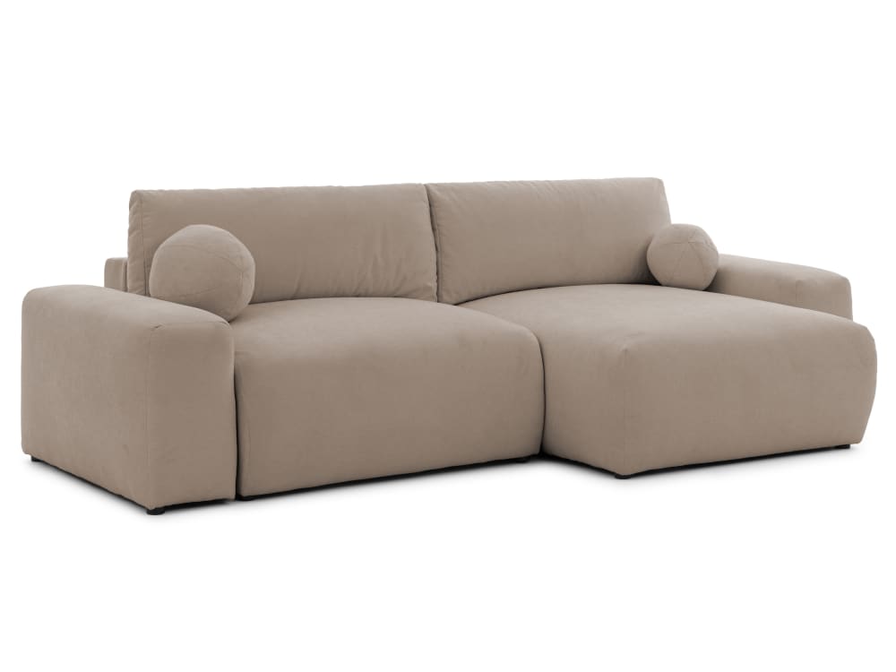 Wohnli Möbelsuche - Weiches und puffiges Ecksofa mit Schlaffunktion aus Greige Webstoff