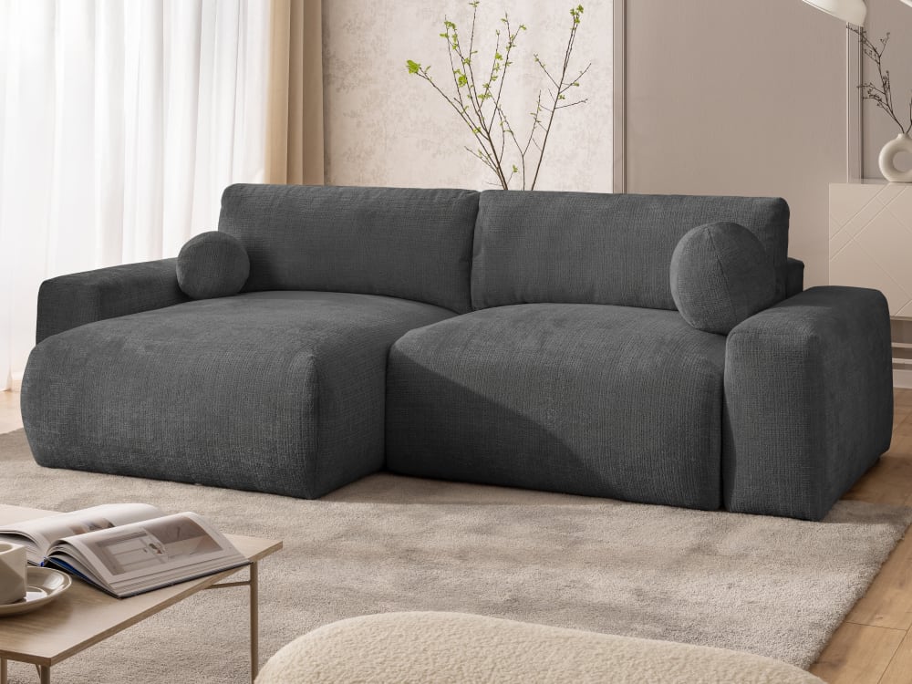 Weiches & puffiges Ecksofa mit Schlaffunktion aus Grau Chenille 138x86x266cm Holz Grau S-Style Sofas und Sessel Sofas Ecksofas