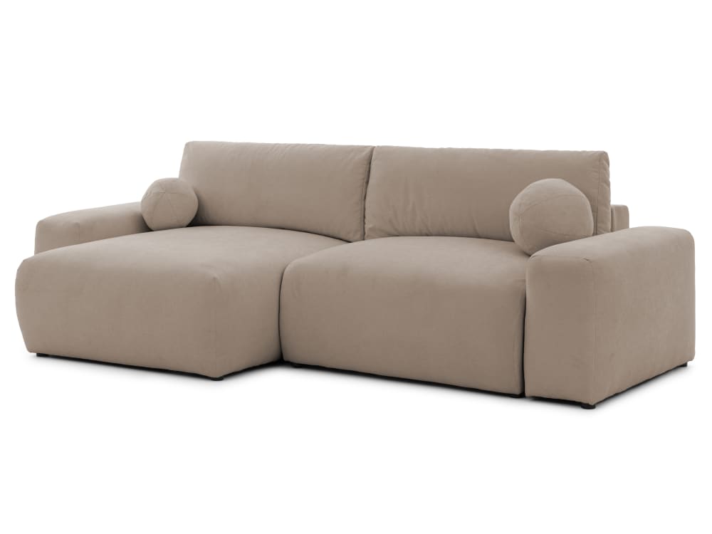 Wohnli Möbelsuche - Weiches & puffiges Ecksofa mit Schlaffunktion aus Greige Webstoff