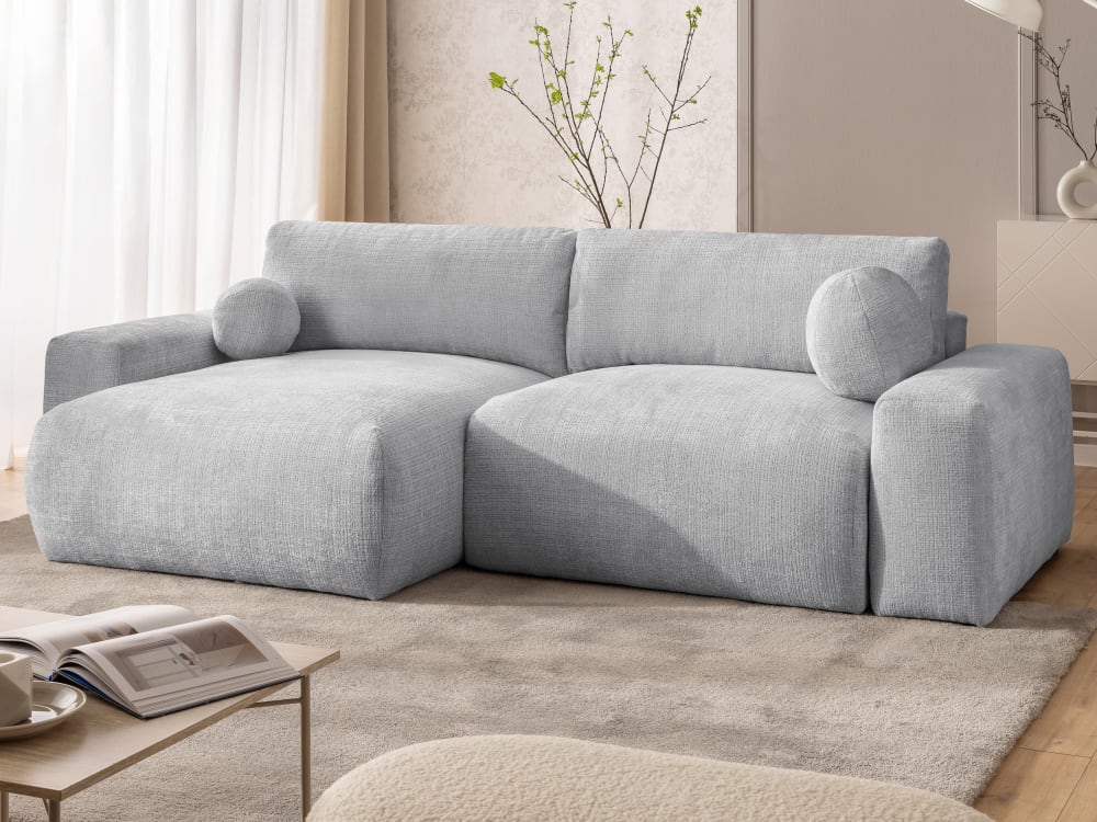 Weiches & puffiges Ecksofa mit Schlaffunktion aus Hellgrau Chenille 138x86x266cm Holz Grau S-Style Sofas und Sessel Sofas Ecksofas