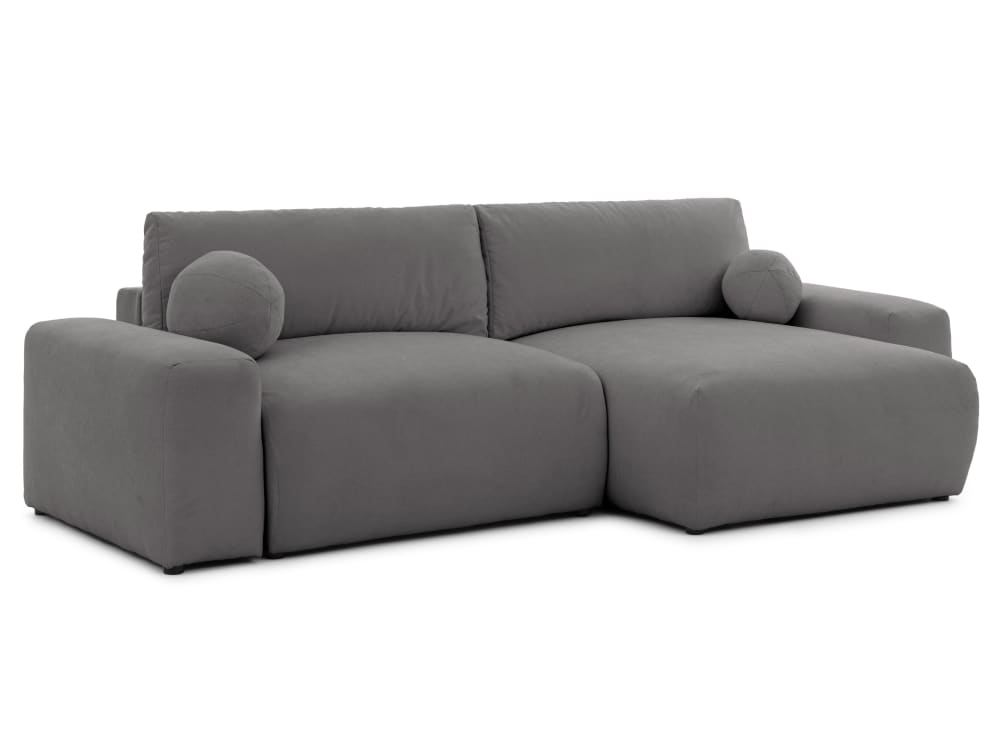 Wohnli Möbelsuche - Weiches und puffiges Ecksofa mit Schlaffunktion aus Taupe Webstoff