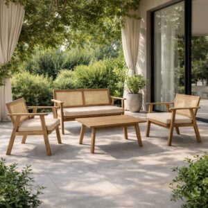 wohnli-moebel-suche-M26042822-1 4-Sitzer-Gartenmöbel aus Akazienholz und Rohr 64x74x64cm Holz Braun Concept Usine Möbel Wohnzimmermöbel Couchtische