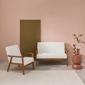 wohnli-moebel-suche-M26042892-1 2-Sitzer-Banksofa und Sessel mit Bouclé-Bezug creme 114x73x69cm Holz Braun sweeek Sofas und Sessel Sofas 2-Sitzer-Sofas & 3-Sitzer-Sofas