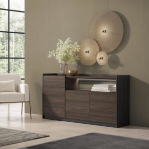 wohnli-moebel-suche-M26043257-1 Sideboard Holzeffekt dunkler eiche und schwarz 156x37x80cm mit Led 156x80x37cm Spanplatte Braun Skraut home Möbel Esszimmermöbel Sideboards, Highboards & niedrige Anrichten