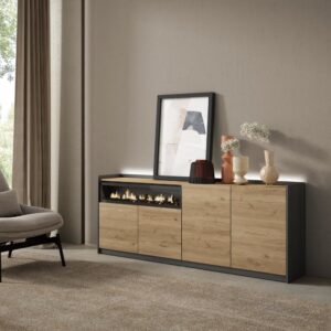 Sideboard Holzeffekt eiche schwarz 207x37x80cm Kamin mit Feuereffekt 207x80x37cm Spanplatte Beige Skraut home Möbel Esszimmermöbel Sideboards, Highboards & niedrige Anrichten