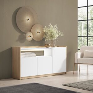 wohnli-moebel-suche-M26043260-1 Sideboard Holzeffekt weiß und eiche 156x37x80cm mit Led 156x80x37cm Spanplatte Weiß Skraut home Möbel Esszimmermöbel Sideboards, Highboards & niedrige Anrichten