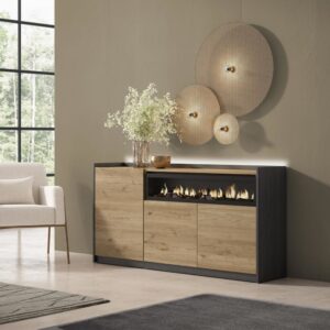 Sideboard Holzeffekt eiche schwarz 156x37x80cm Kamin mit Feuereffekt 156x80x37cm Spanplatte Beige Skraut home Möbel Esszimmermöbel Sideboards, Highboards & niedrige Anrichten