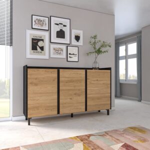 Sideboard Holzeffekt eiche und schwarz 156x35x91cm mit Beinen 156x91x35cm Spanplatte Beige Skraut home Möbel Esszimmermöbel Sideboards, Highboards & niedrige Anrichten