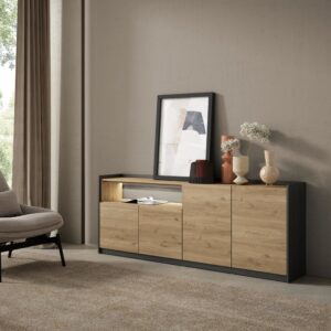 wohnli-moebel-suche-M26043264-1 Sideboard Holzeffekt eiche und schwarz 207x37x80cm mit Led 207x80x37cm Spanplatte Beige Skraut home Möbel Esszimmermöbel Sideboards, Highboards & niedrige Anrichten