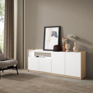 Sideboard Holzeffekt weiß und eiche 207x37x80cm mit Led 207x80x37cm Spanplatte Weiß Skraut home Möbel Esszimmermöbel Sideboards, Highboards & niedrige Anrichten
