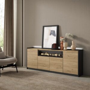 Sideboard Holzeffekt eiche schwarz 207x37x80cm Kamin mit Feuereffekt 207x80x37cm Spanplatte Beige Skraut home Möbel Esszimmermöbel Sideboards, Highboards & niedrige Anrichten