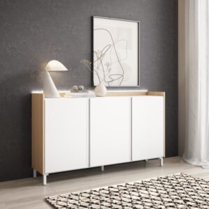Sideboard Holzeffekt weiß und eiche 156x35x91cm mit Beinen 156x91x35cm Spanplatte Weiß Skraut home Möbel Esszimmermöbel Sideboards, Highboards & niedrige Anrichten