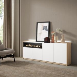 wohnli-moebel-suche-M26043274-1 Sideboard Holzeffekt weiß und eiche 207x37x80cm Kamin mit Feuereffekt 207x80x37cm Spanplatte Weiß Skraut home Möbel Esszimmermöbel Sideboards, Highboards & niedrige Anrichten