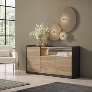 Sideboard Holzeffekt eiche und schwarz 156x37x80cm mit Led 156x80x37cm Spanplatte Beige Skraut home Möbel Esszimmermöbel Sideboards, Highboards & niedrige Anrichten