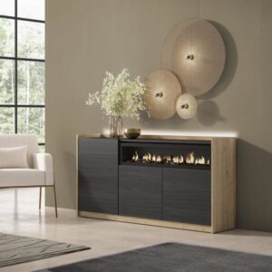 Sideboard Holzeffekt schwarz eiche 156x37x80cm Kamin mit Feuereffekt 156x80x37cm Spanplatte Schwarz Skraut home Möbel Esszimmermöbel Sideboards, Highboards & niedrige Anrichten