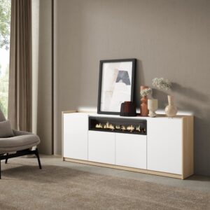 wohnli-moebel-suche-M26043283-1 Sideboard Holzeffekt weiß und eiche 207x37x80cm Kamin mit Feuereffekt 207x80x37cm Spanplatte Weiß Skraut home Möbel Esszimmermöbel Sideboards, Highboards & niedrige Anrichten