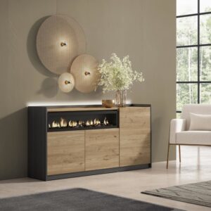 wohnli-moebel-suche-M26043285-1 Sideboard Holzeffekt eiche schwarz 156x37x80cm Kamin mit Feuereffekt 156x80x37cm Spanplatte Beige Skraut home Möbel Esszimmermöbel Sideboards, Highboards & niedrige Anrichten