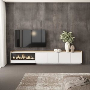 TV-Möbel Holzeffekt weiß und eiche 315x35x50cm Kamin mit Feuereffekt 315x50x35cm Spanplatte Weiß Skraut home Möbel Wohnzimmermöbel TV-Möbel