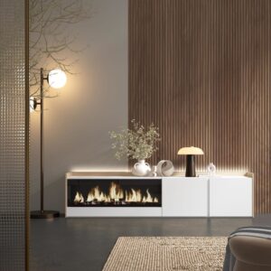 TV-Möbel Holzeffekt weiß und eiche 212x35x50cm Kamin mit Feuereffekt 212x50x35cm Spanplatte Weiß Skraut home Möbel Wohnzimmermöbel TV-Möbel